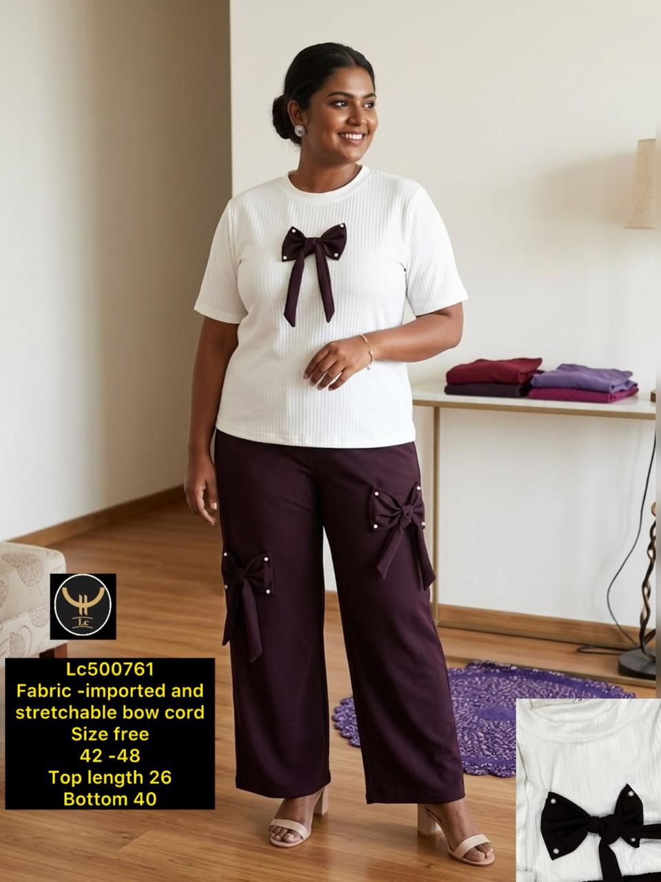 Women's Solid Front Bow Detail Top & Pants Cord Set