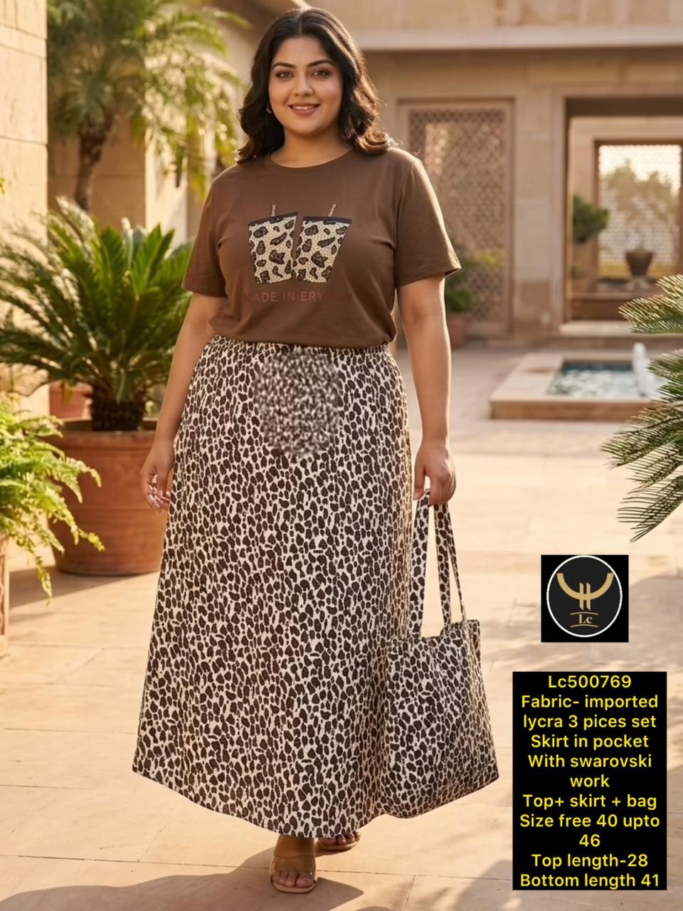 Indo-Western Printed 3-Piece Fusion Set: Crop Top, Skirt & Matching tote beg