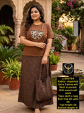 Indo-Western Printed 3-Piece Fusion Set: Crop Top, Skirt & Matching tote beg