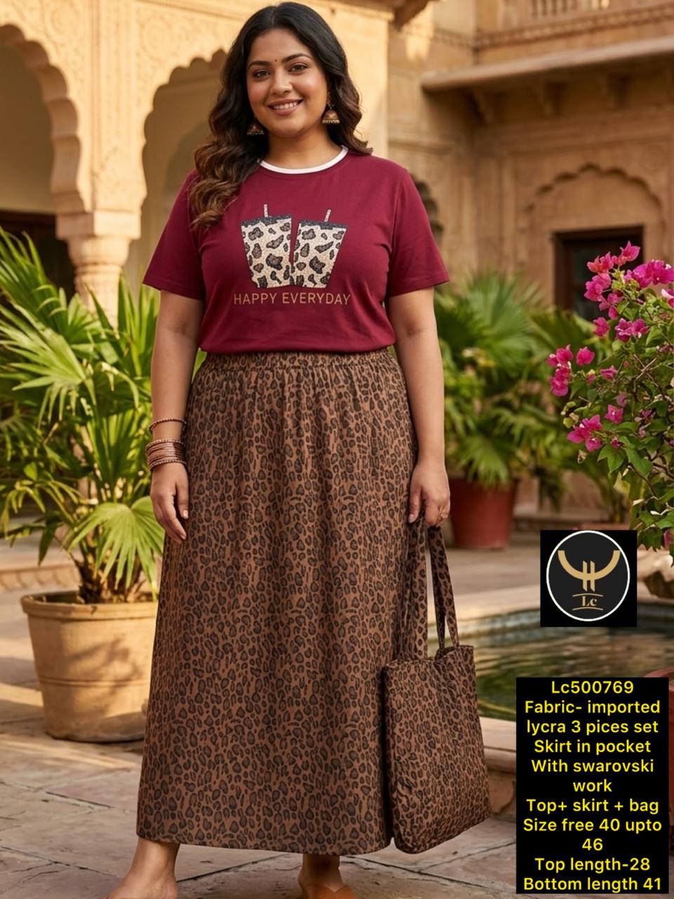 Indo-Western Printed 3-Piece Fusion Set: Crop Top, Skirt & Matching tote beg