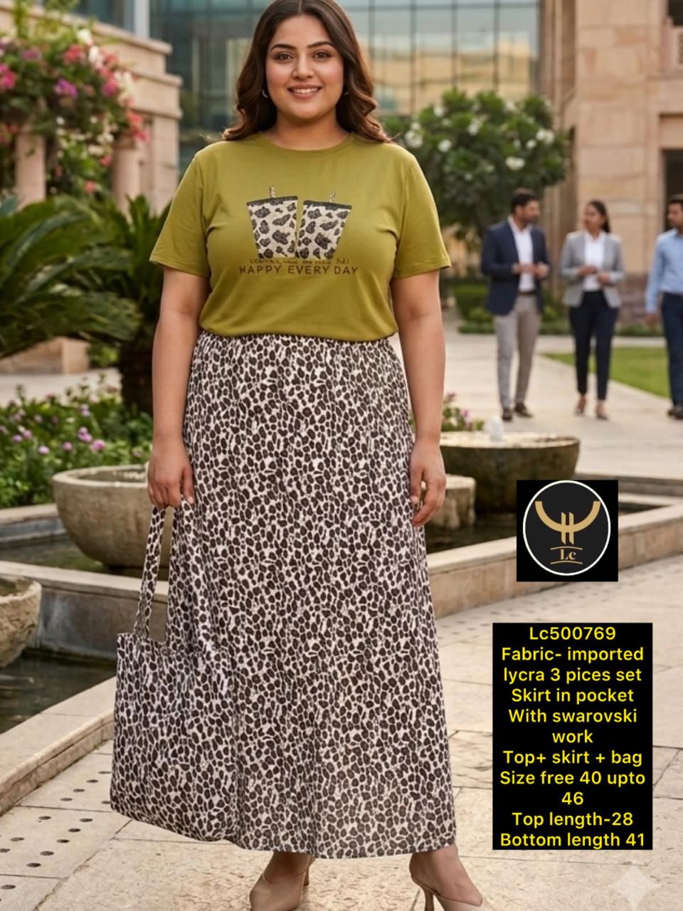 Indo-Western Printed 3-Piece Fusion Set: Crop Top, Skirt & Matching tote beg