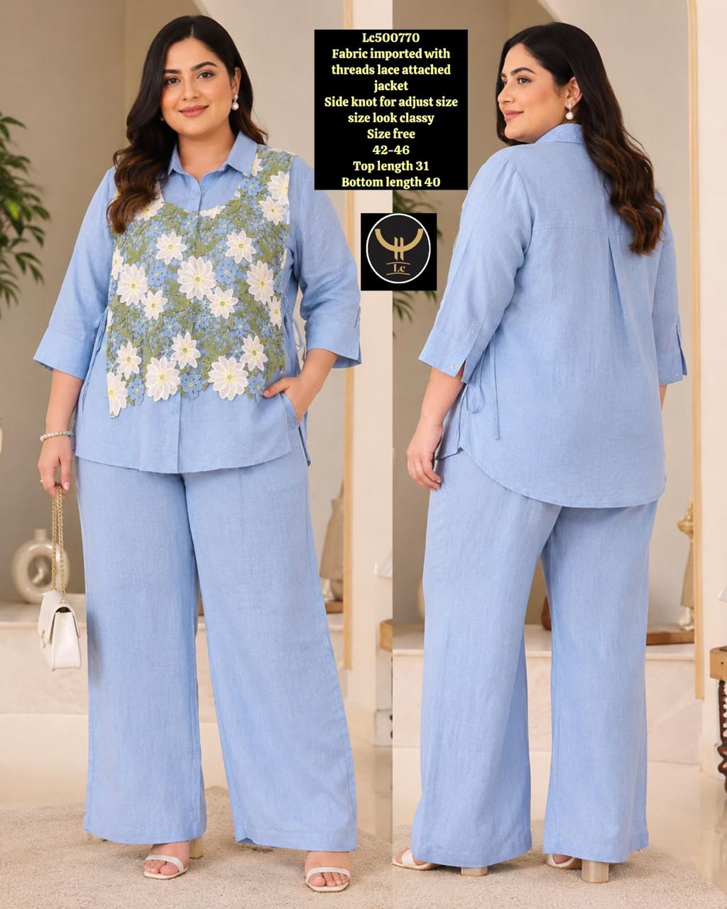 Women's Indo-Western Cord Set with Thread Lace Attached Jacket