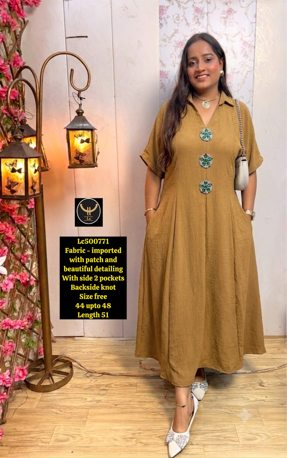 Collared Maxi Dress with Embellished Neckline Detailing