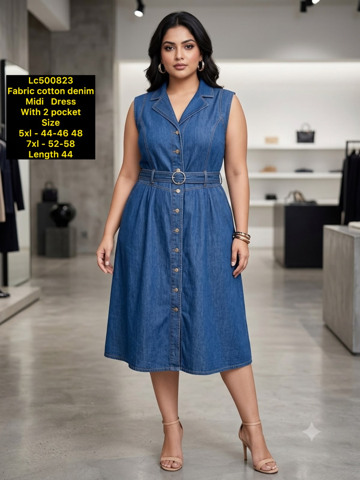 Classic Cotton Denim Sleeveless Midi Dress 