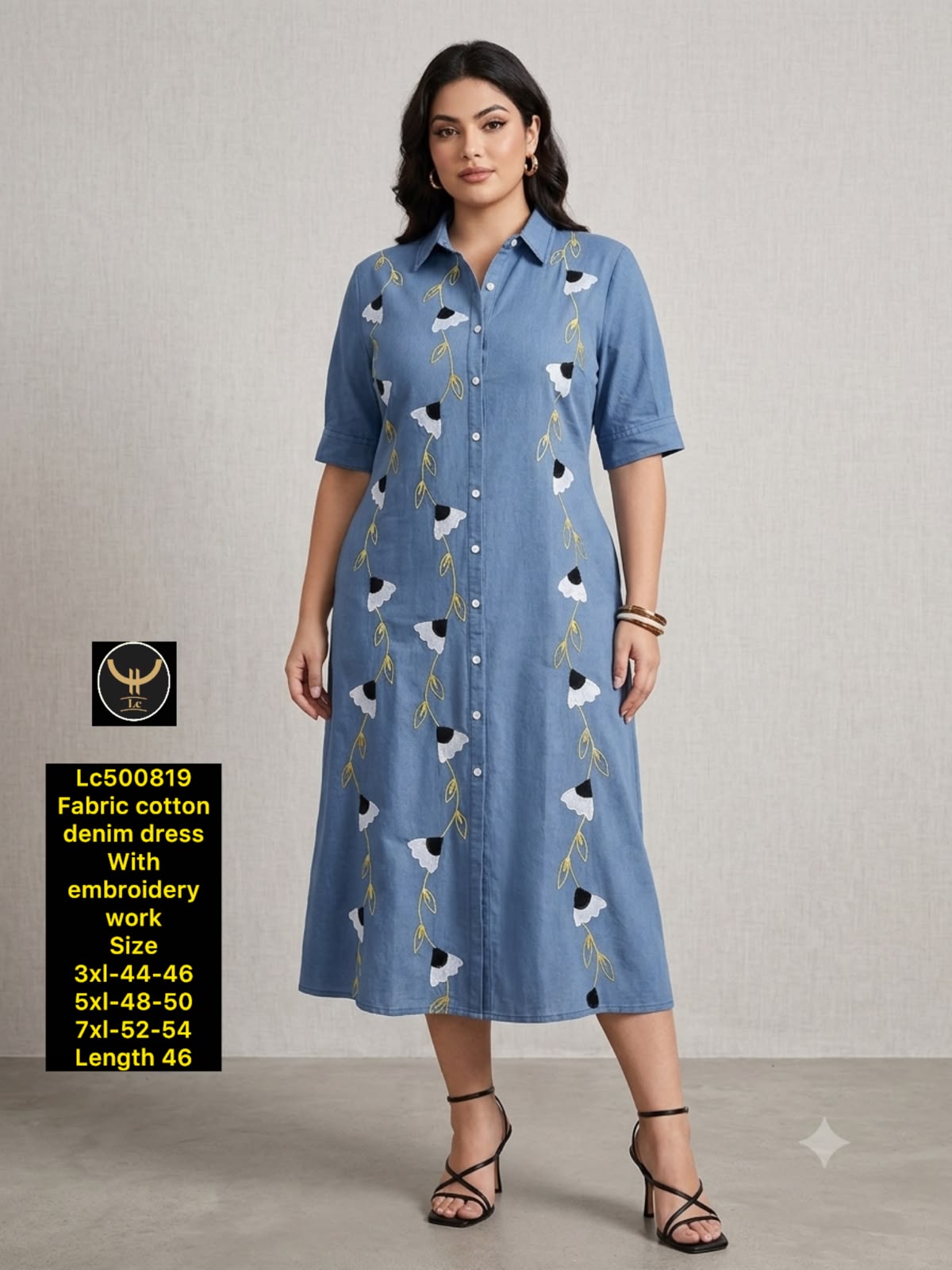 Chic Cotton Denim Embroidered Midi Dress 