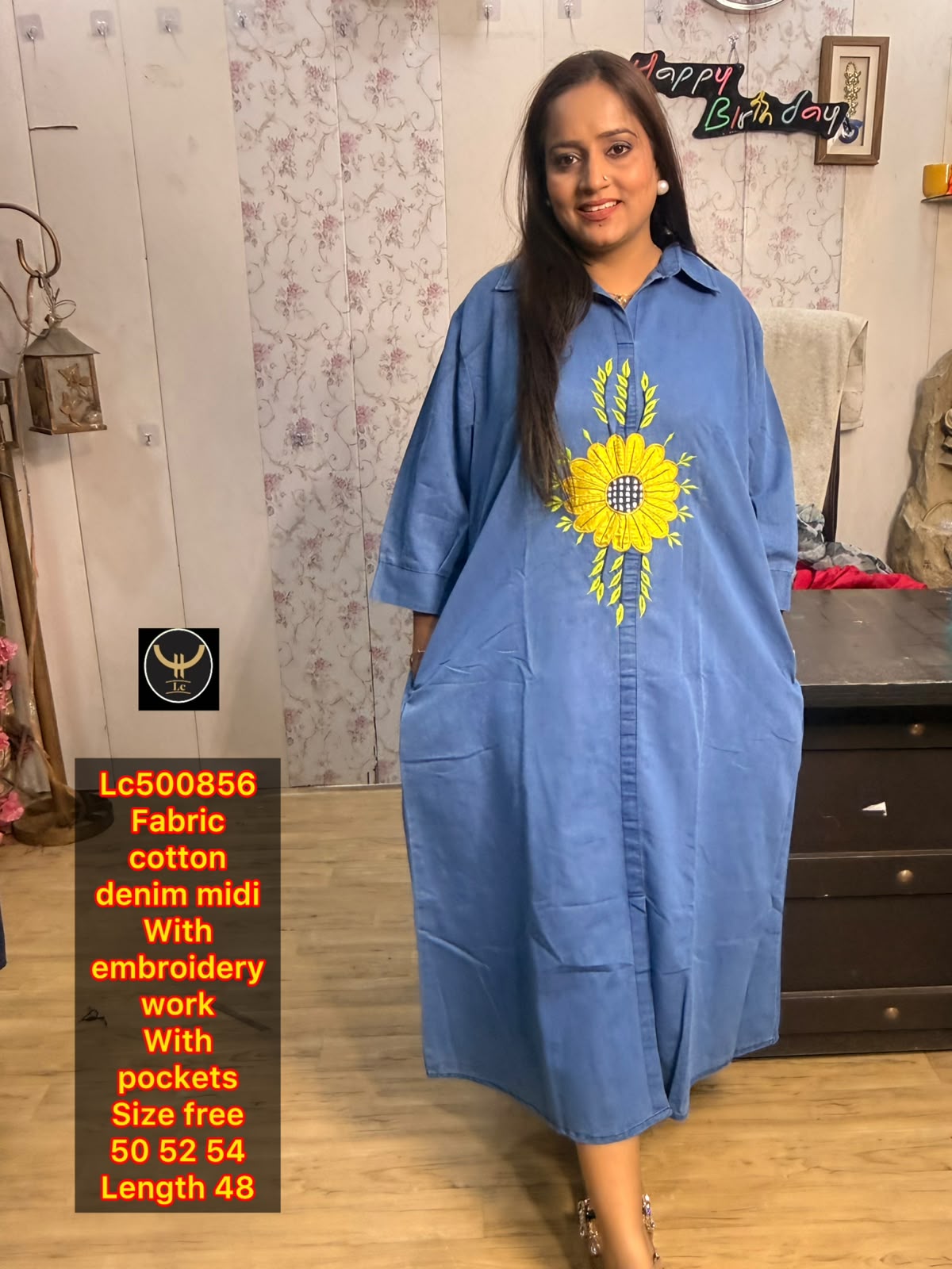 Chic Cotton Denim Embroidered Midi Dress with Pockets