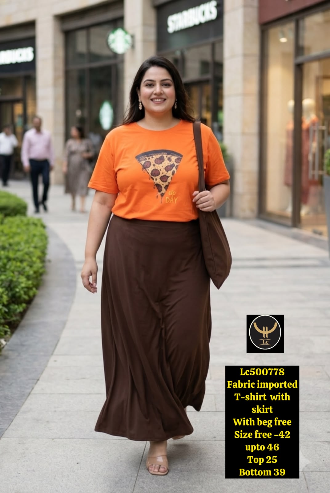 Women Graphic T-Shirt & Brown Flared Skirt Co-ord Set with Free Bag