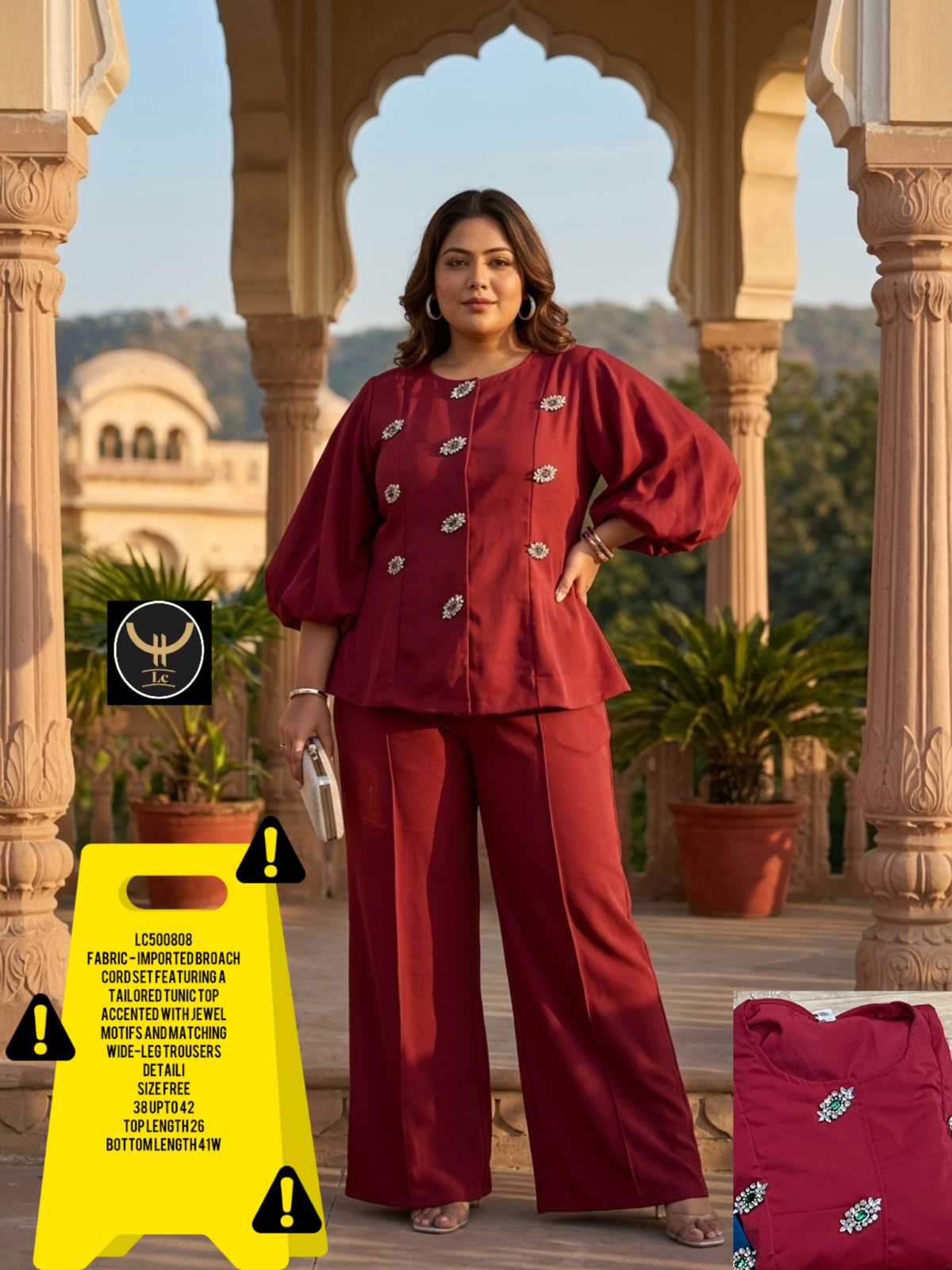 Tailored tunic top with premium jewel brooch/motifs paired with comfortable wide-leg trousers