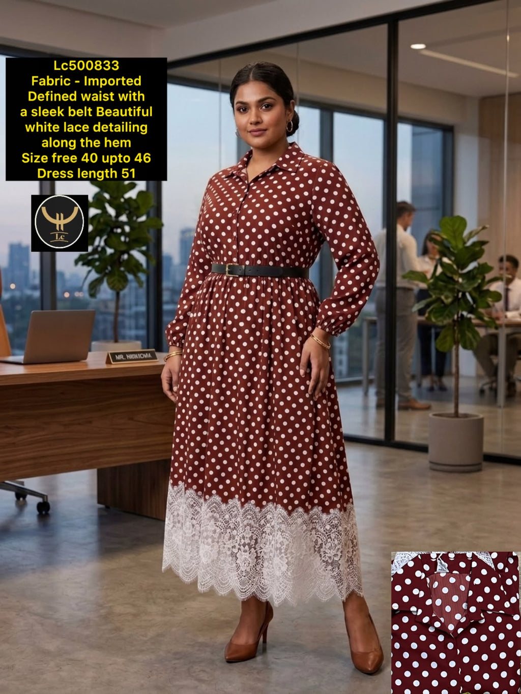 Polka Dot Lace-Detail Midi Dress