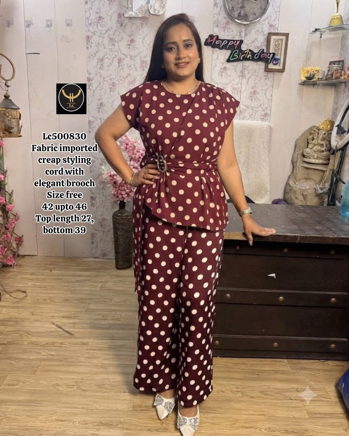 Polka Dot Imported Crepe Styling Co-Ord Set with Brooch 