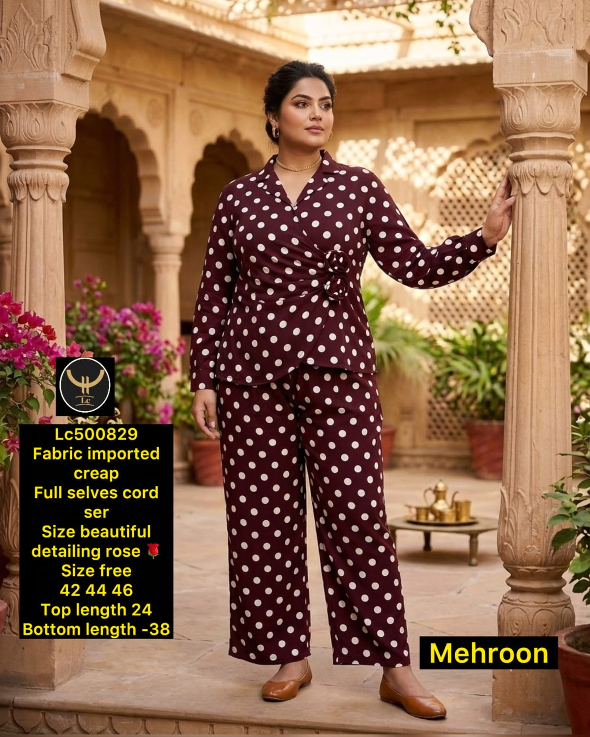 Chic Polka Dot Imported Crepe Co-Ord Set with Rose Detailing 