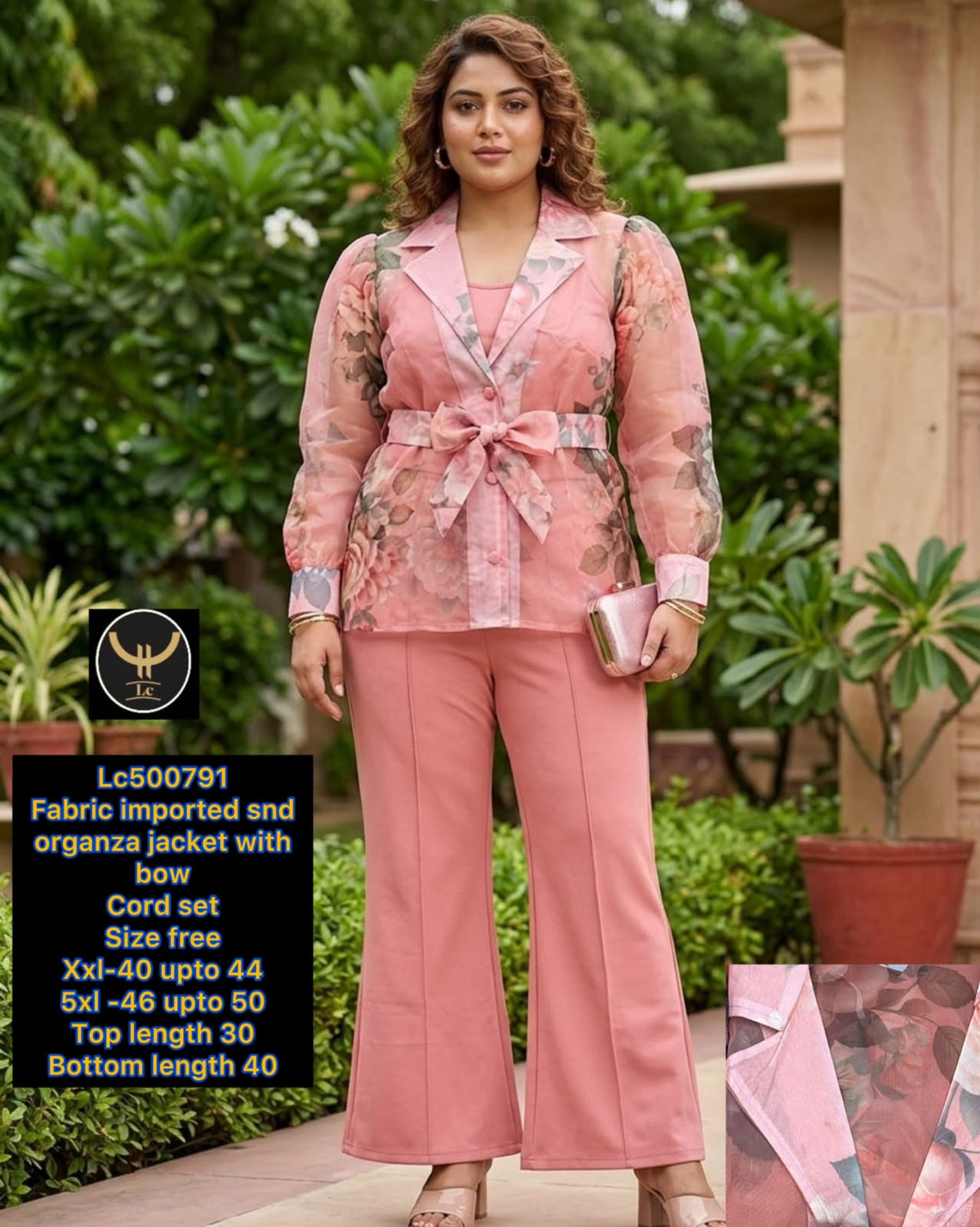 Gorgeous Imported Organza Floral Jacket Co-Ord Set with Bow Accent 
