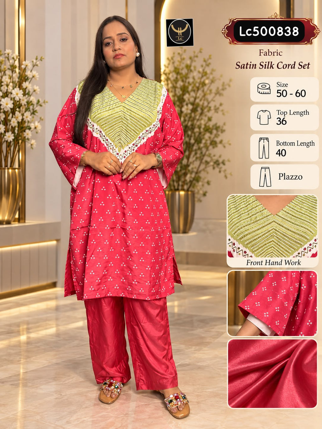 Plus Size Satin Silk Bandhani Print Co-Ord Set with Hand Work 