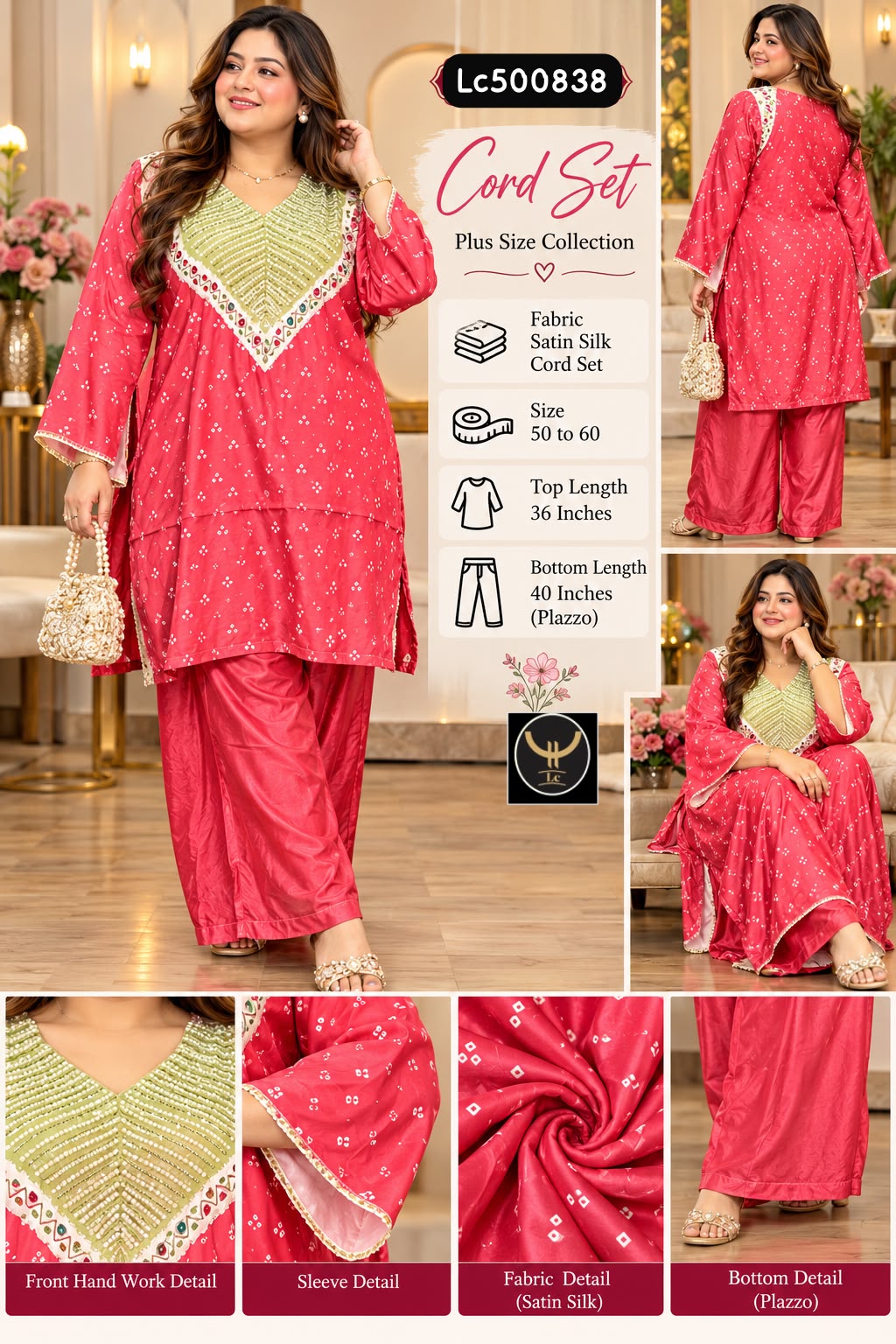 Plus Size Satin Silk Bandhani Print Co-Ord Set with Hand Work 