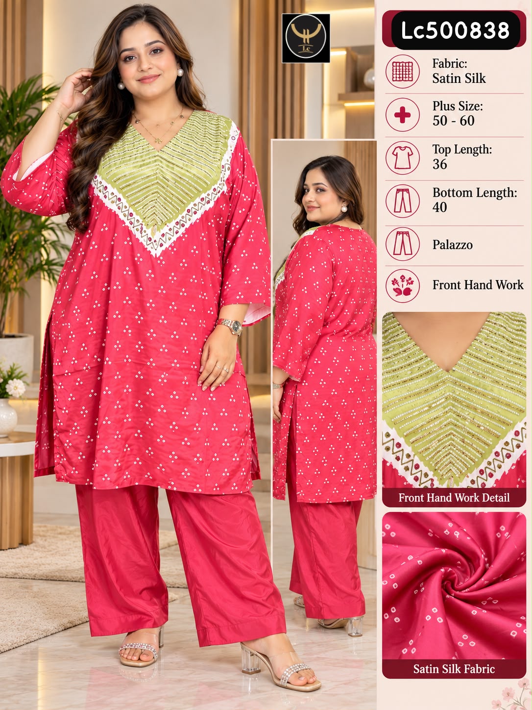 Plus Size Satin Silk Bandhani Print Co-Ord Set with Hand Work 