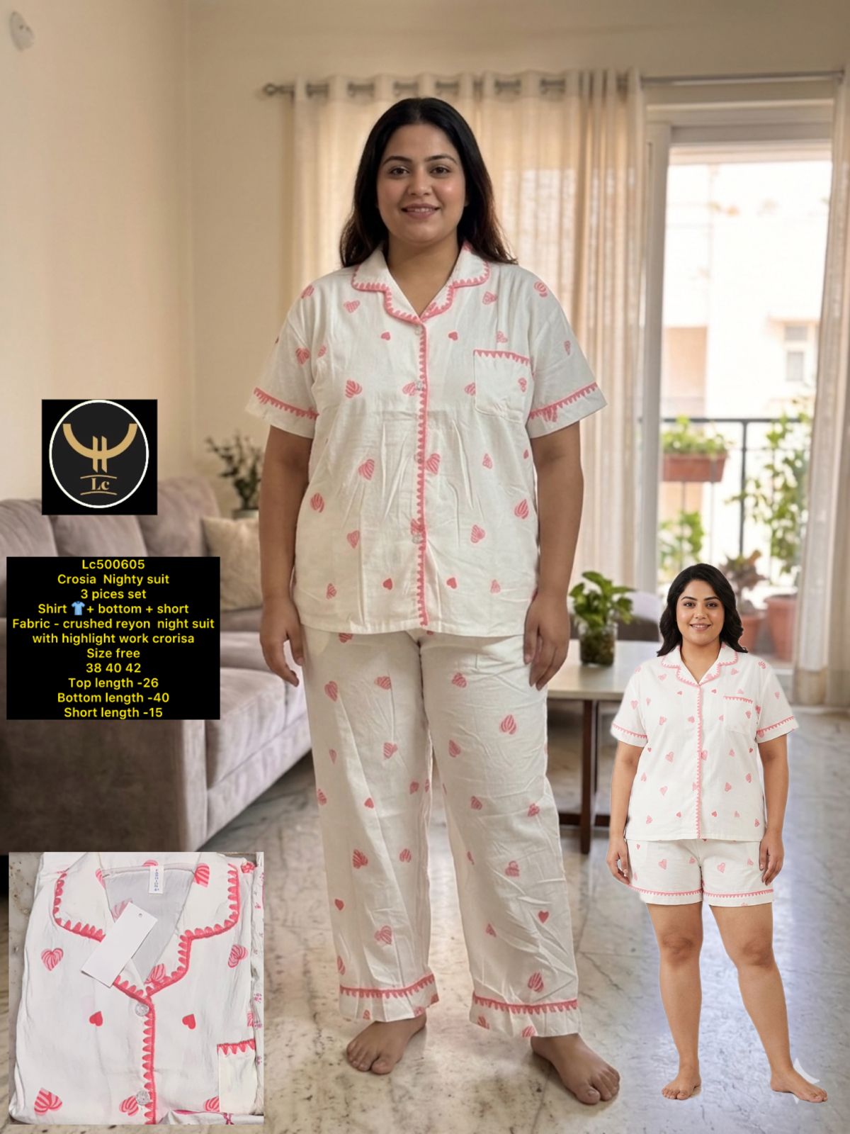 Cute & Comfy 3 Pieces ( Shirt + Lower+Shorts) Night Suit