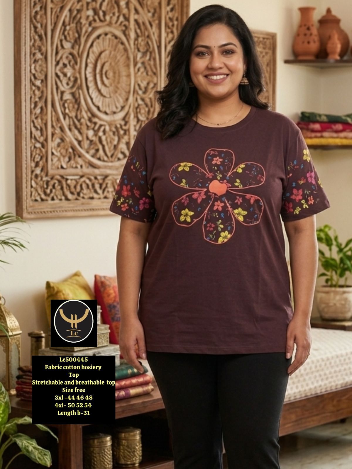 Women's Plus Size Tropical Floral Printed Cotton Hosiery Tshirt/Top / Tunic