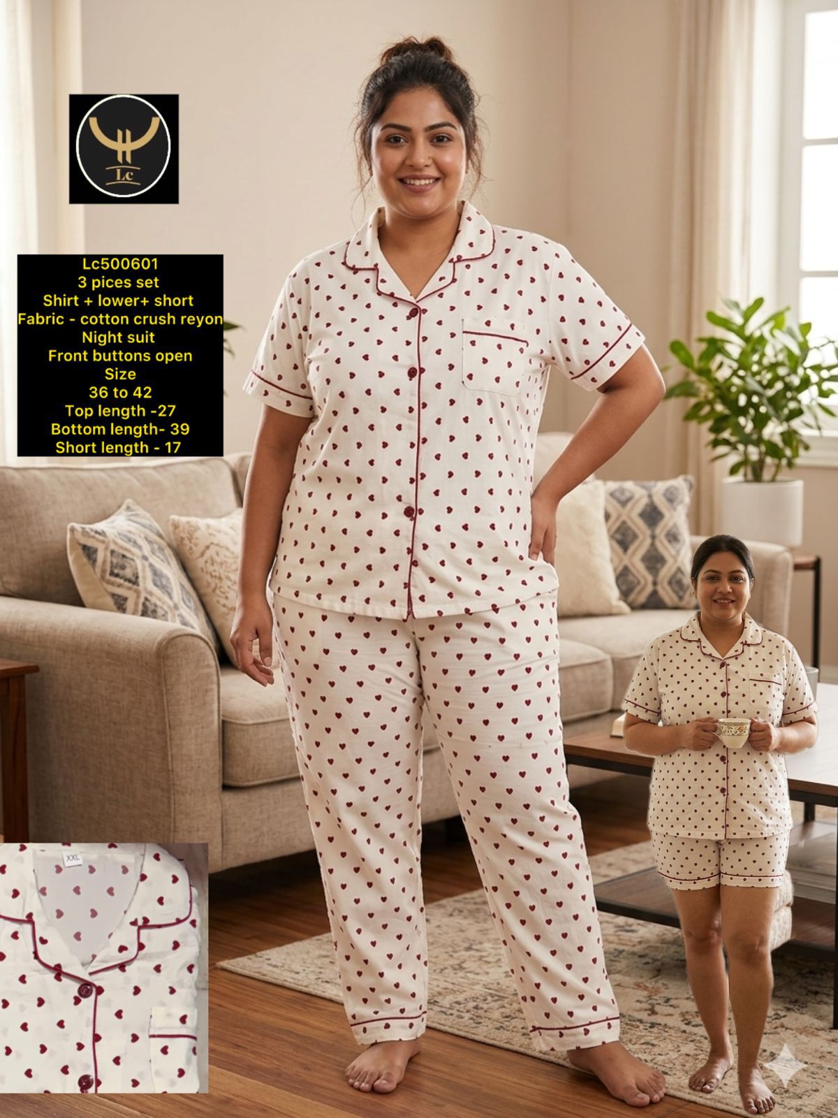 Cute & Comfy 3 Pieces ( Shirt + Lower+Shorts) Night Suit
