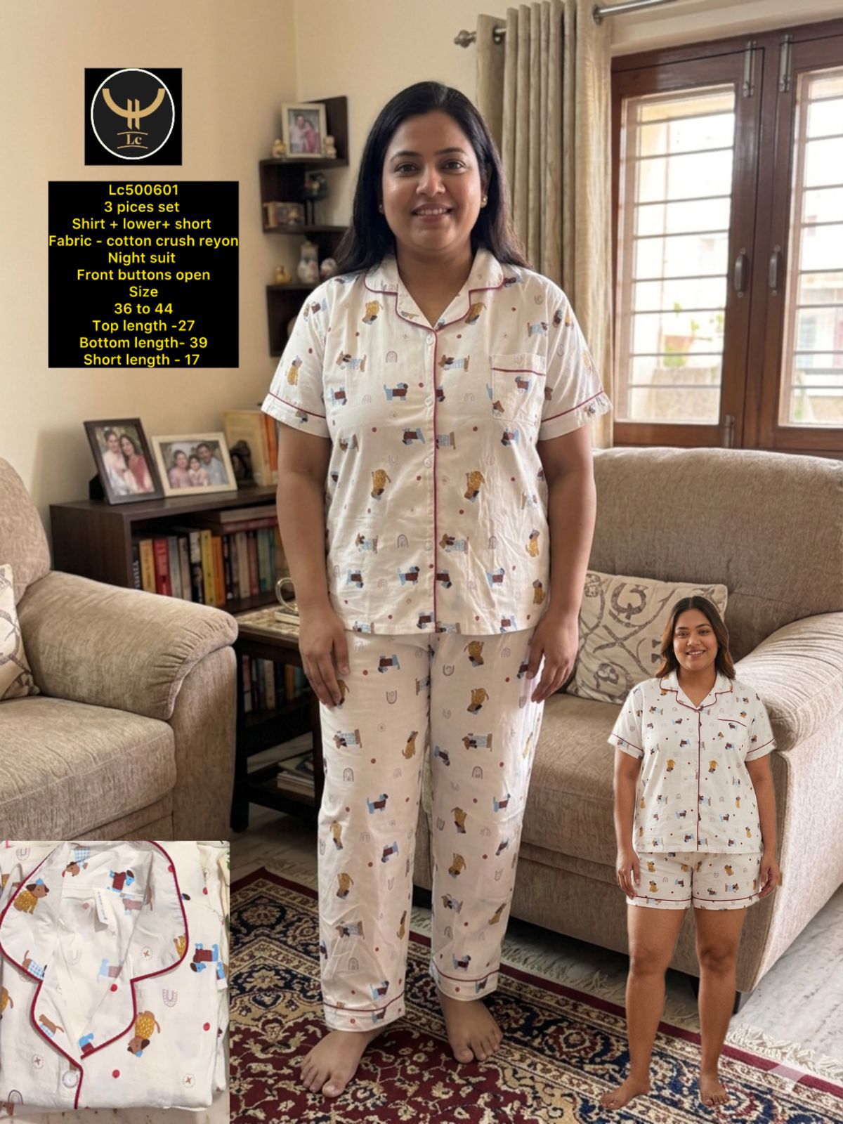 Cute & Comfy 3 Pieces ( Shirt + Lower+Shorts) Night Suit