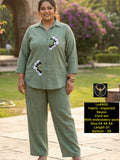 Chic Collared Rayon Shirt & Trouser Co-ord Set with Applique Floral Embroidery