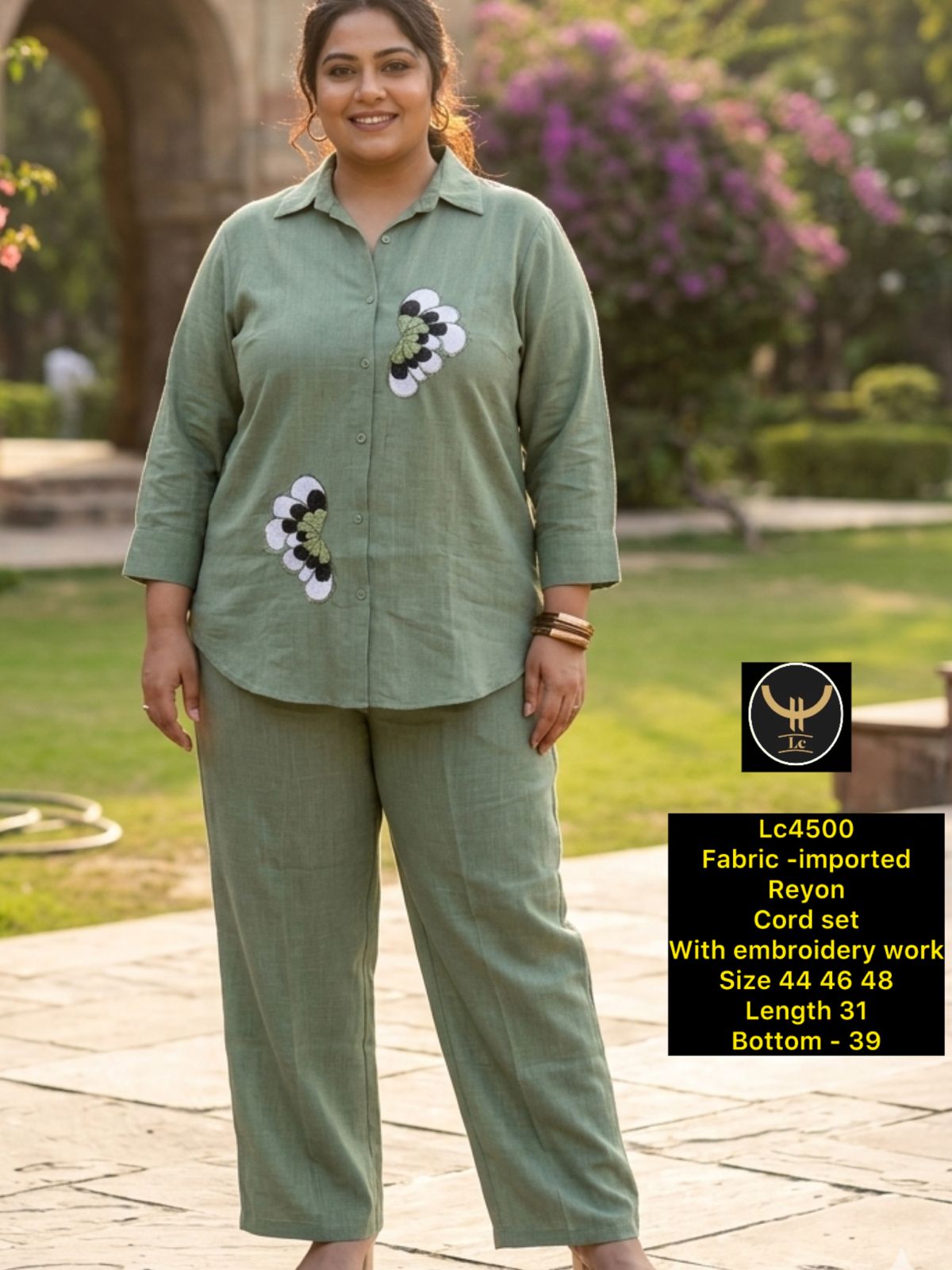 Chic Collared Rayon Shirt & Trouser Co-ord Set with Applique Floral Embroidery