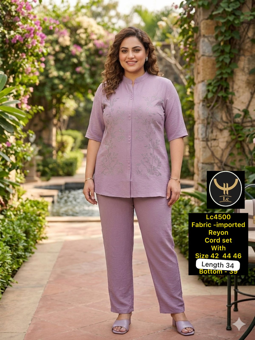 Elegant Mandarin Collar Rayon Top & Trouser Co-ord Set with Swarovski Work