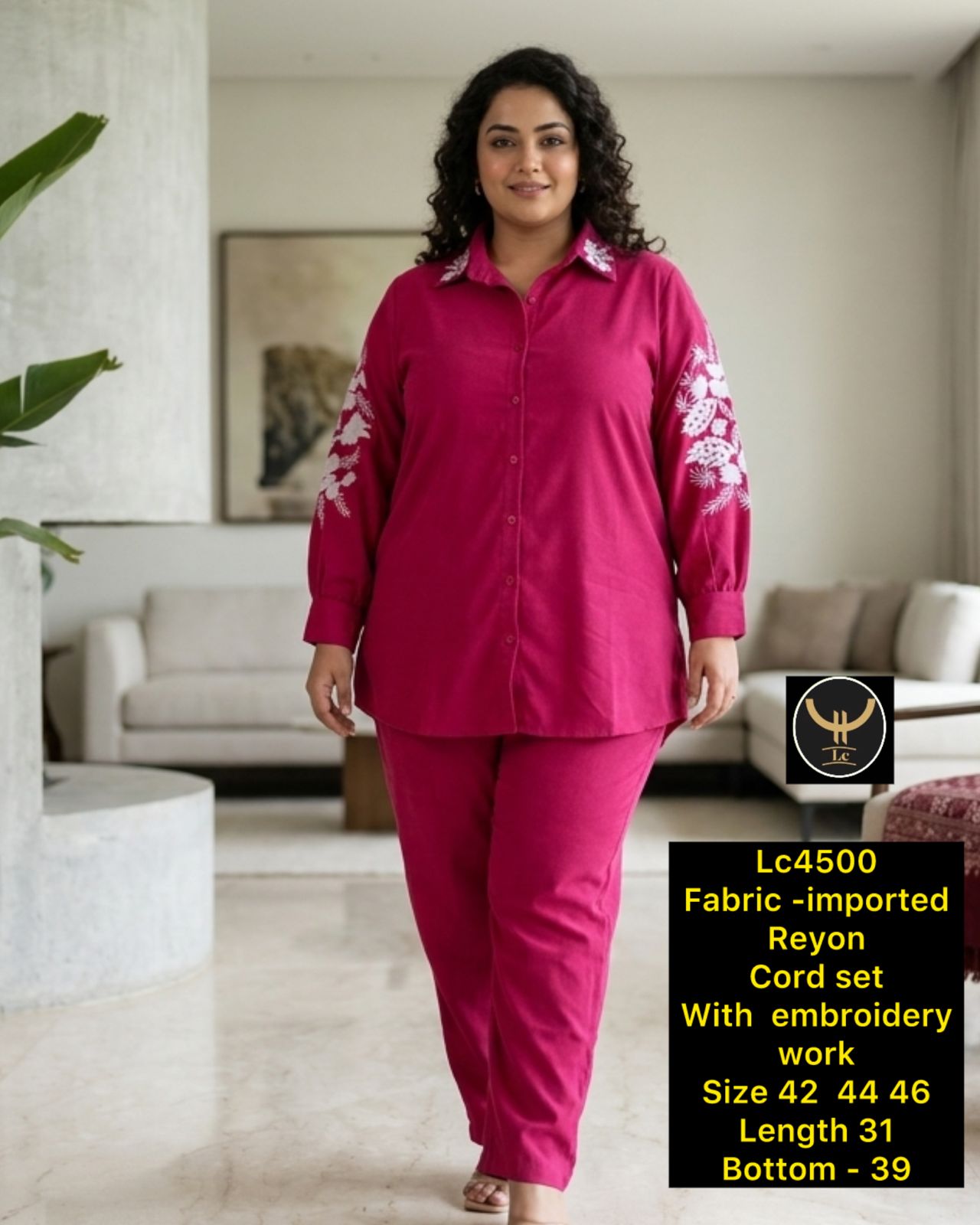 Elegant Collared Button-Down Shirt & Trouser Co-ord Set with Sleeve & Collar Embroidery