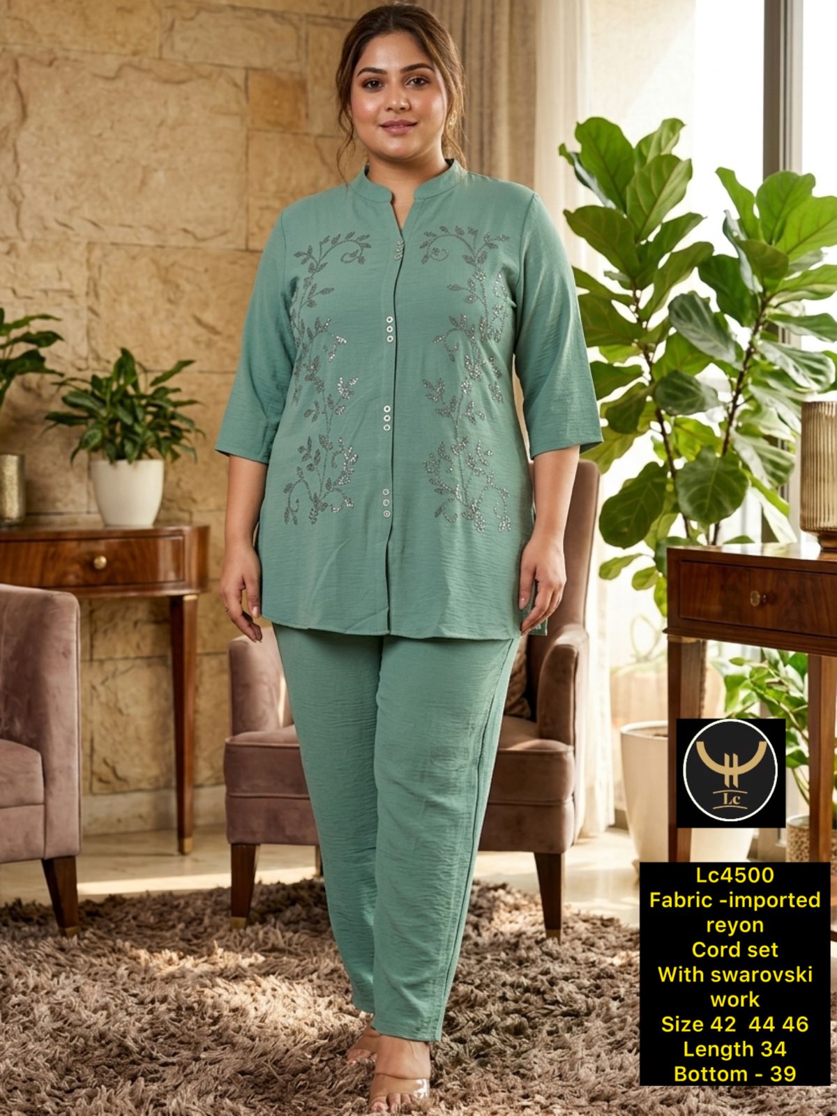 Elegant Mandarin Collar Rayon Top & Trouser Co-ord Set with Swarovski Work
