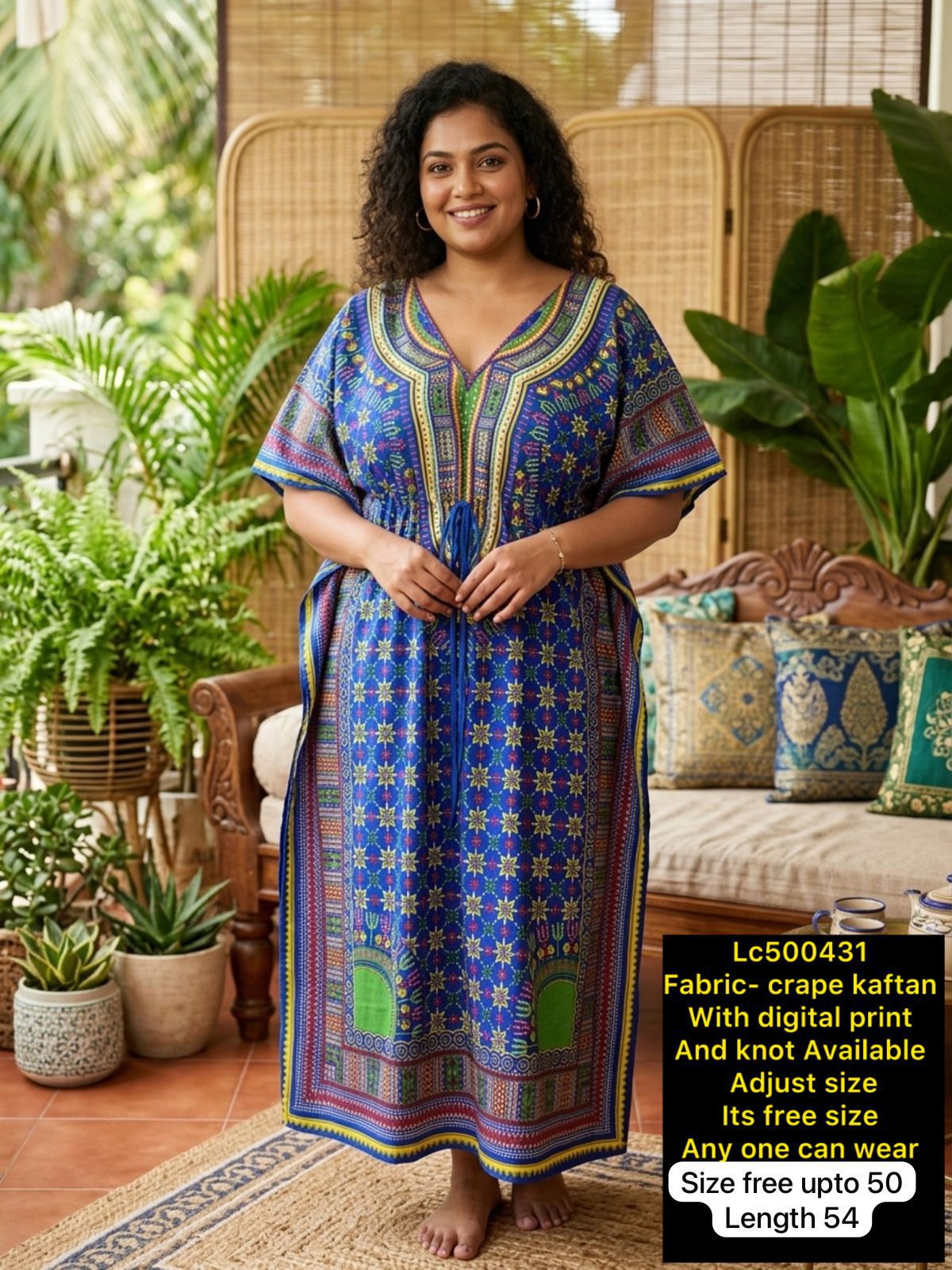 Women Digital Print Crepe Kaftan Maxi Dress with Adjustable Knot