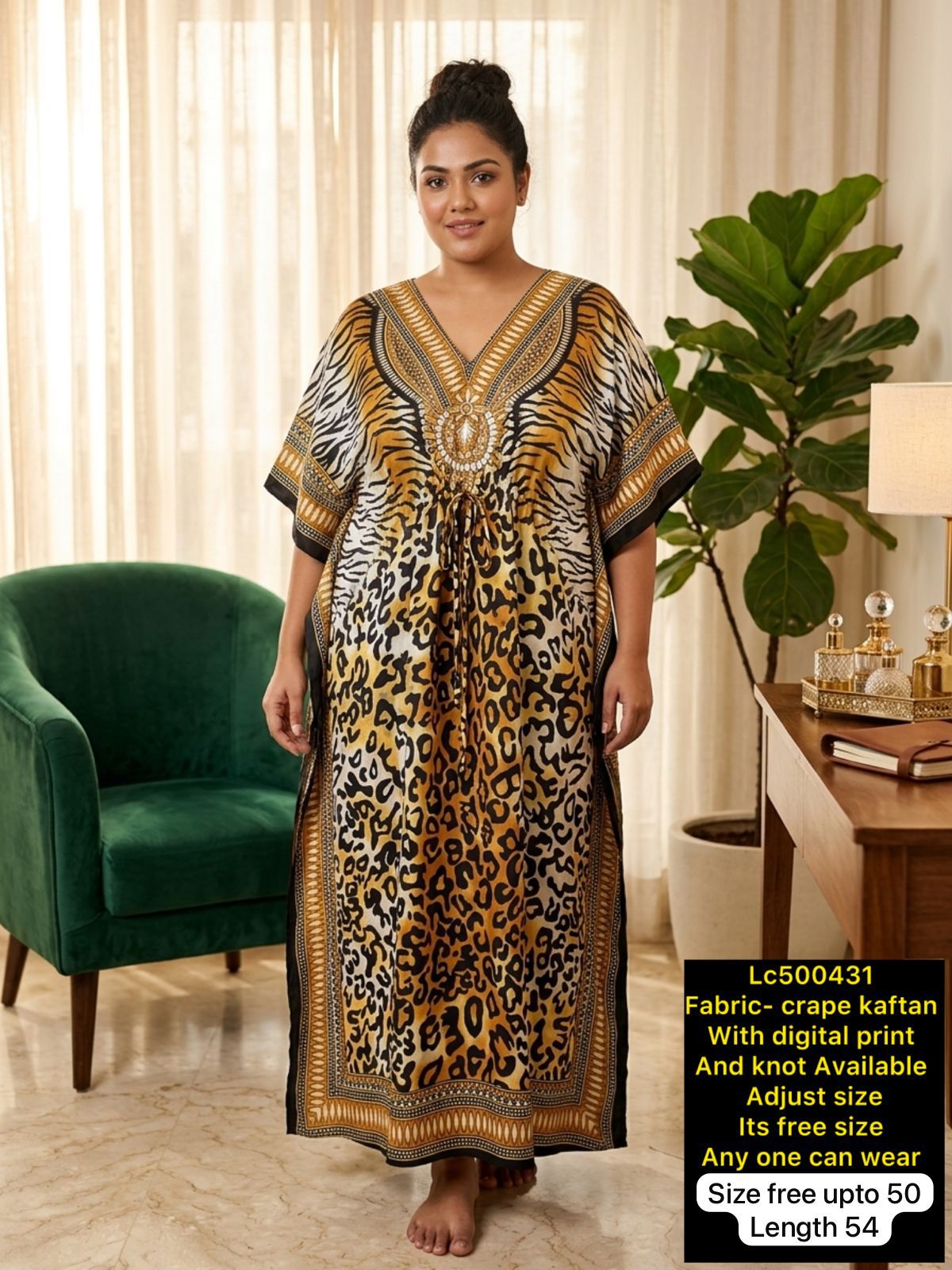 Women Digital Print Crepe Kaftan Maxi Dress with Adjustable Knot