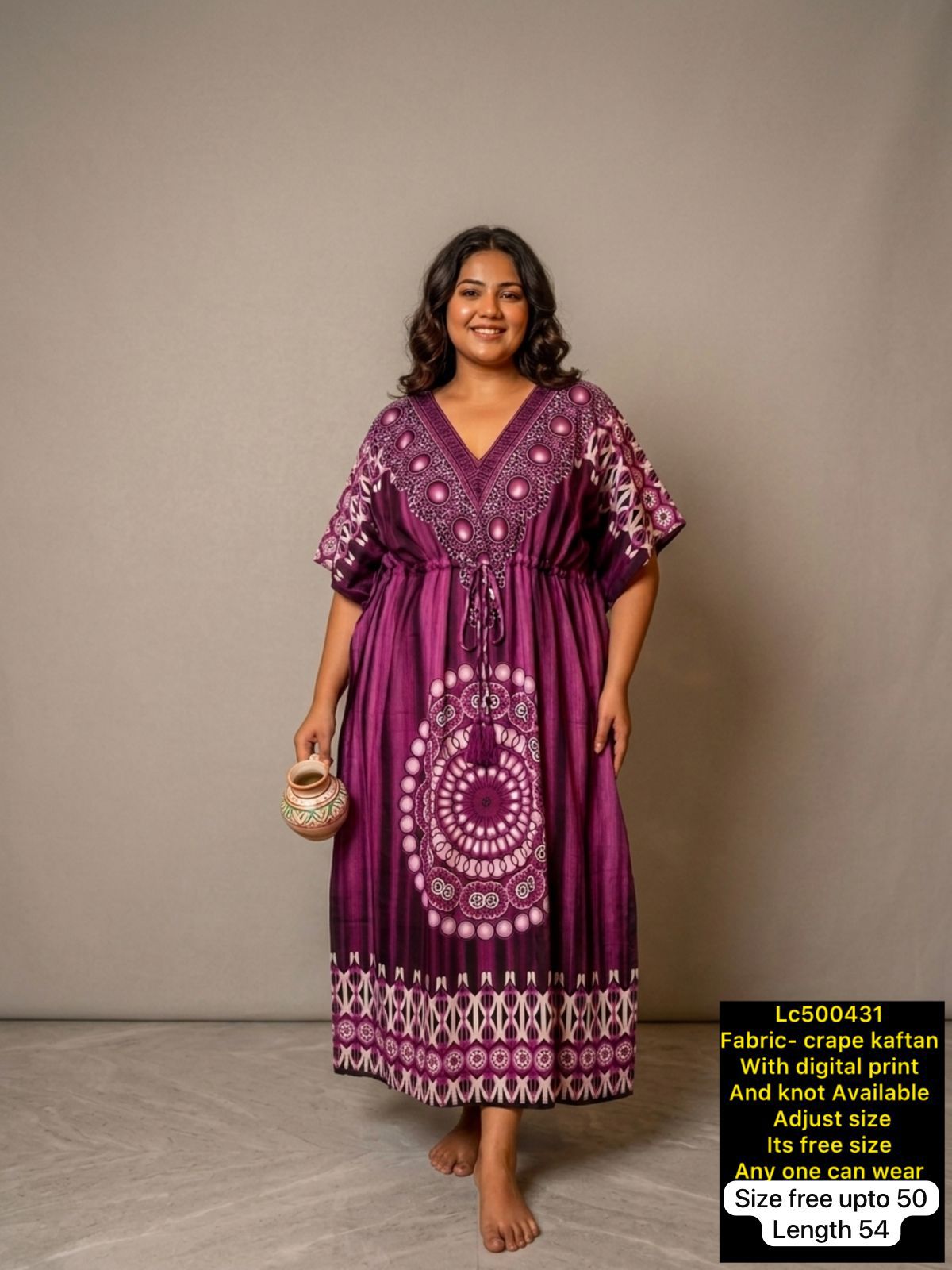 Women Digital Print Crepe Kaftan Maxi Dress with Adjustable Knot