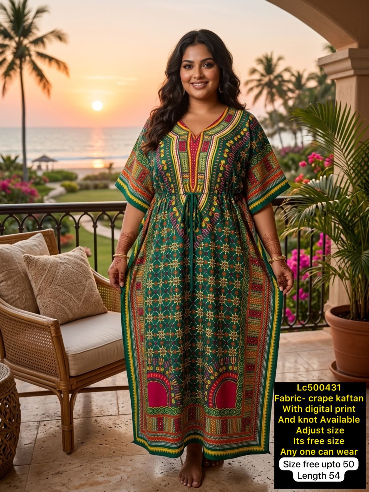 Women Digital Print Crepe Kaftan Maxi Dress with Adjustable Knot