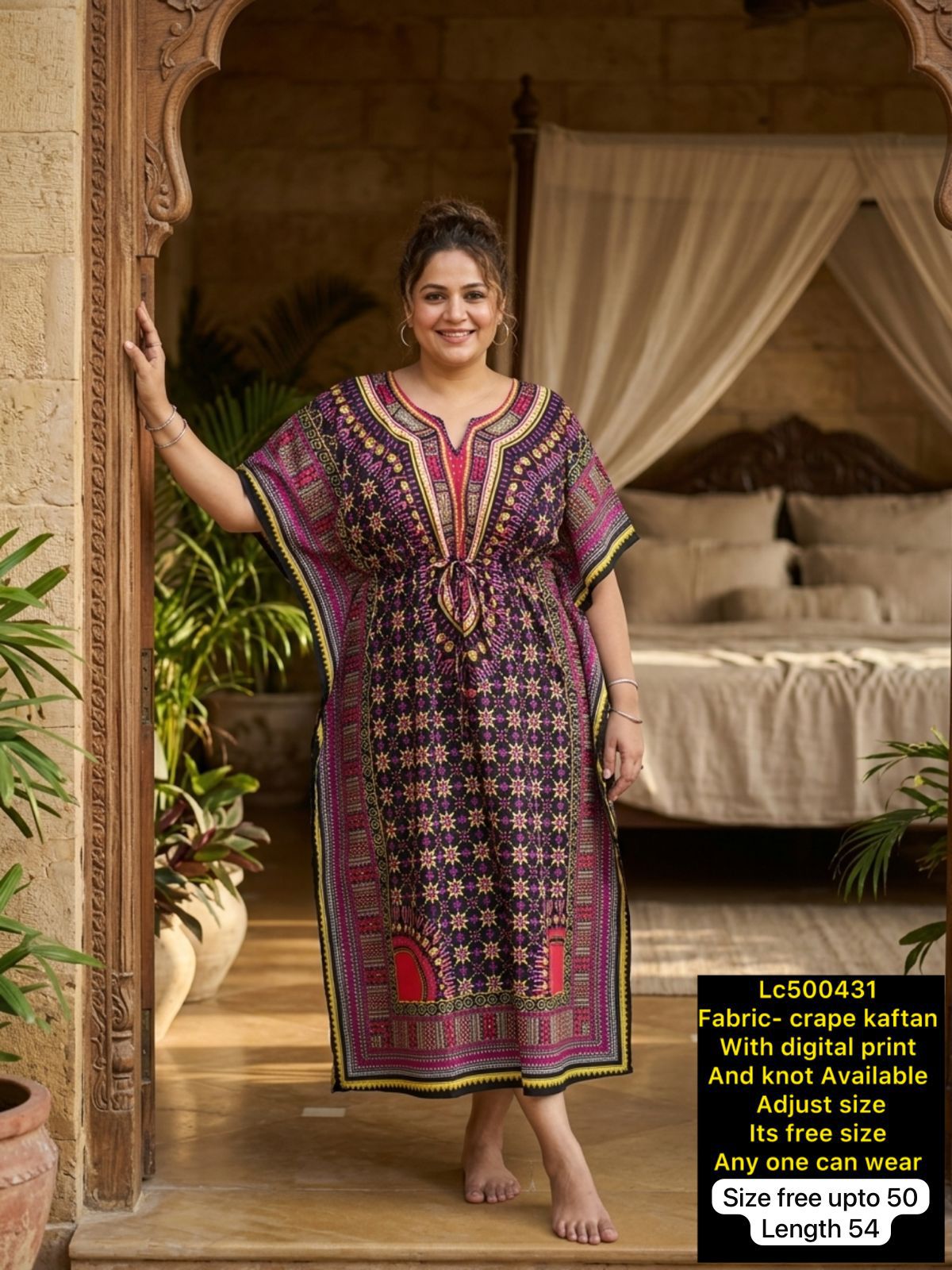 Women Digital Print Crepe Kaftan Maxi Dress with Adjustable Knot