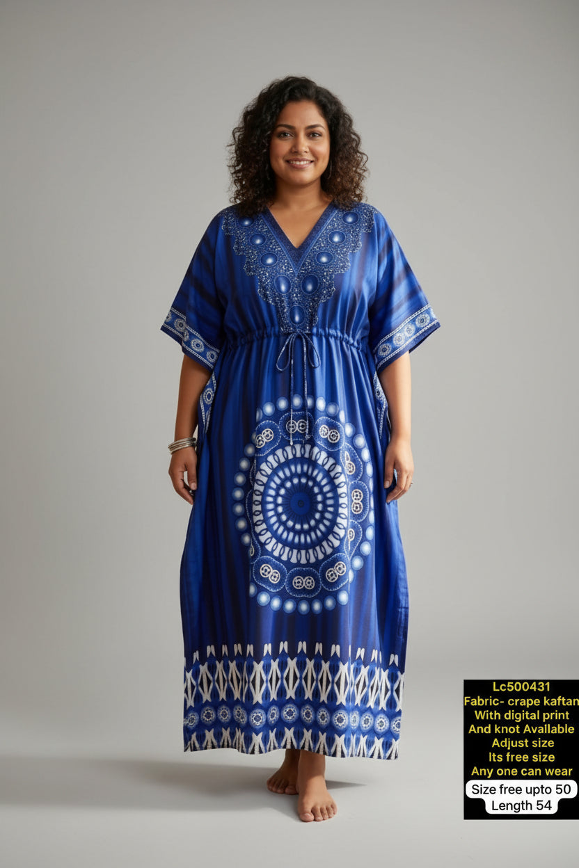 Women Digital Print Crepe Kaftan Maxi Dress with Adjustable Knot
