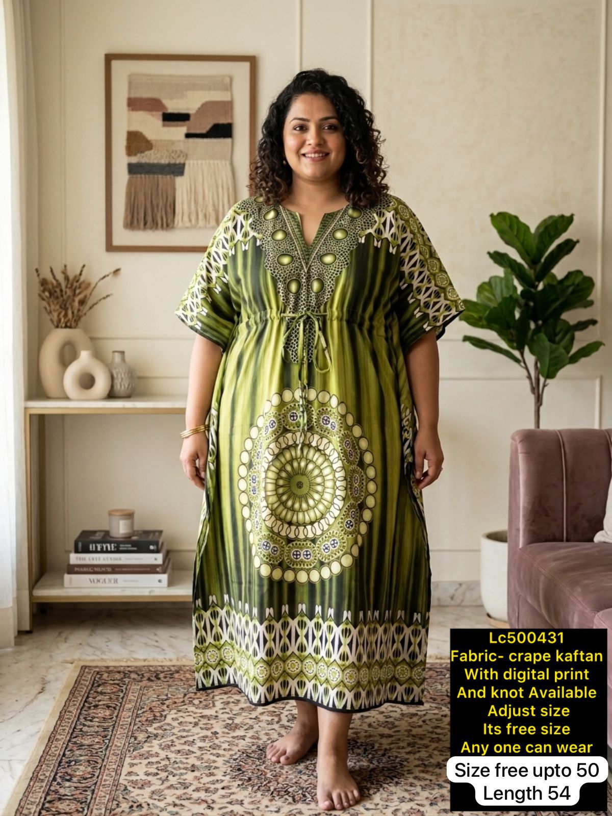 Women Digital Print Crepe Kaftan Maxi Dress with Adjustable Knot
