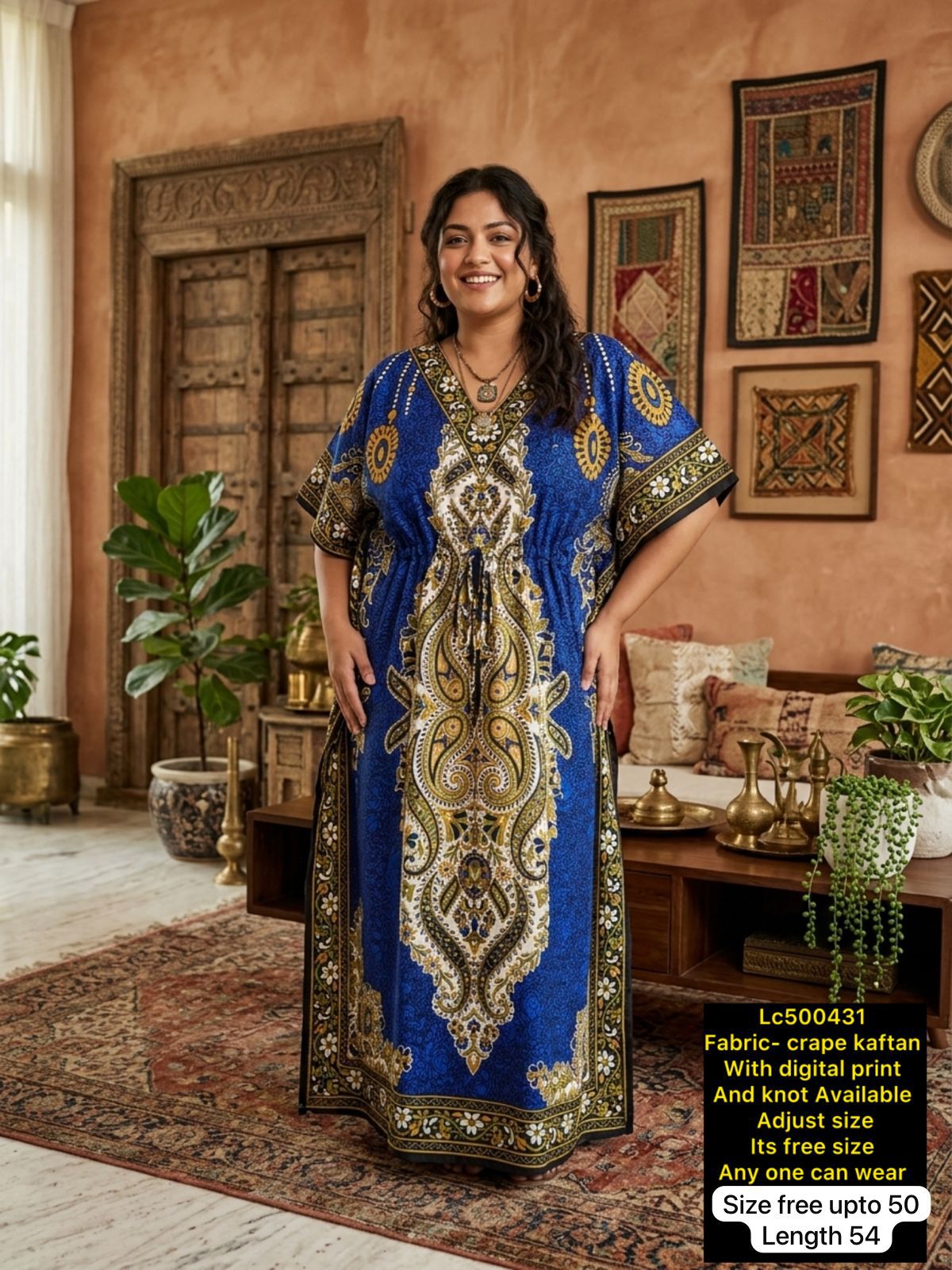Women Digital Print Crepe Kaftan Maxi Dress with Adjustable Knot