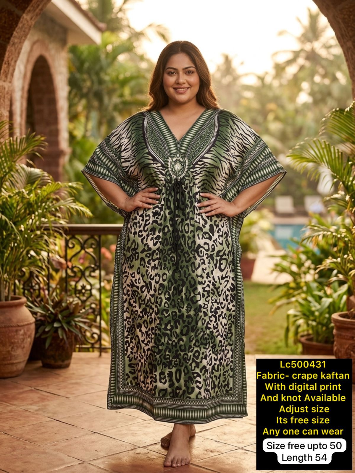 Women Digital Print Crepe Kaftan Maxi Dress with Adjustable Knot
