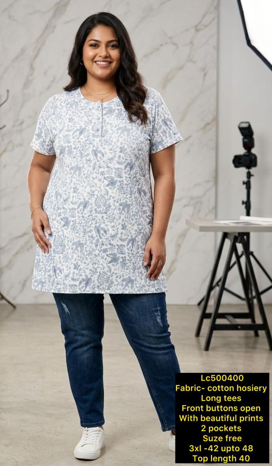 Women's Plus Size Printed Cotton Hosiery Long Tunic / Kurti Top with Pockets