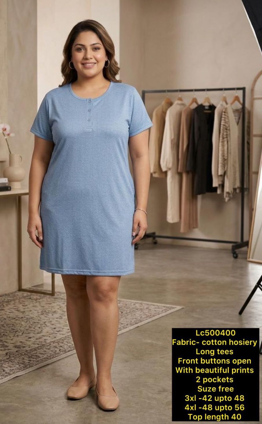 Women's Plus Size Printed Cotton Hosiery Long Tunic / Kurti Top with Pockets