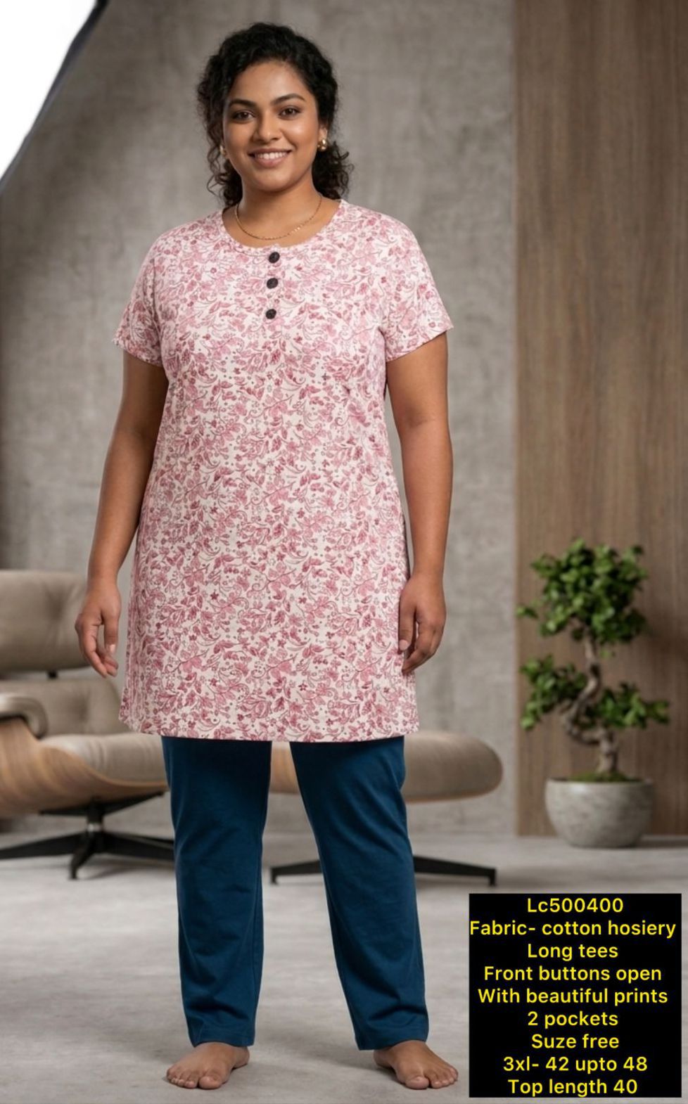 Women's Plus Size Printed Cotton Hosiery Long Tunic / Kurti Top with Pockets