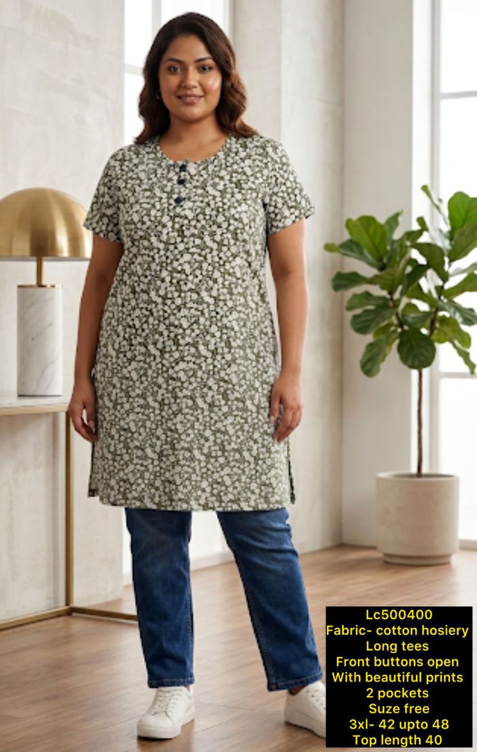 Women's Plus Size Printed Cotton Hosiery Long Tunic / Kurti Top with Pockets