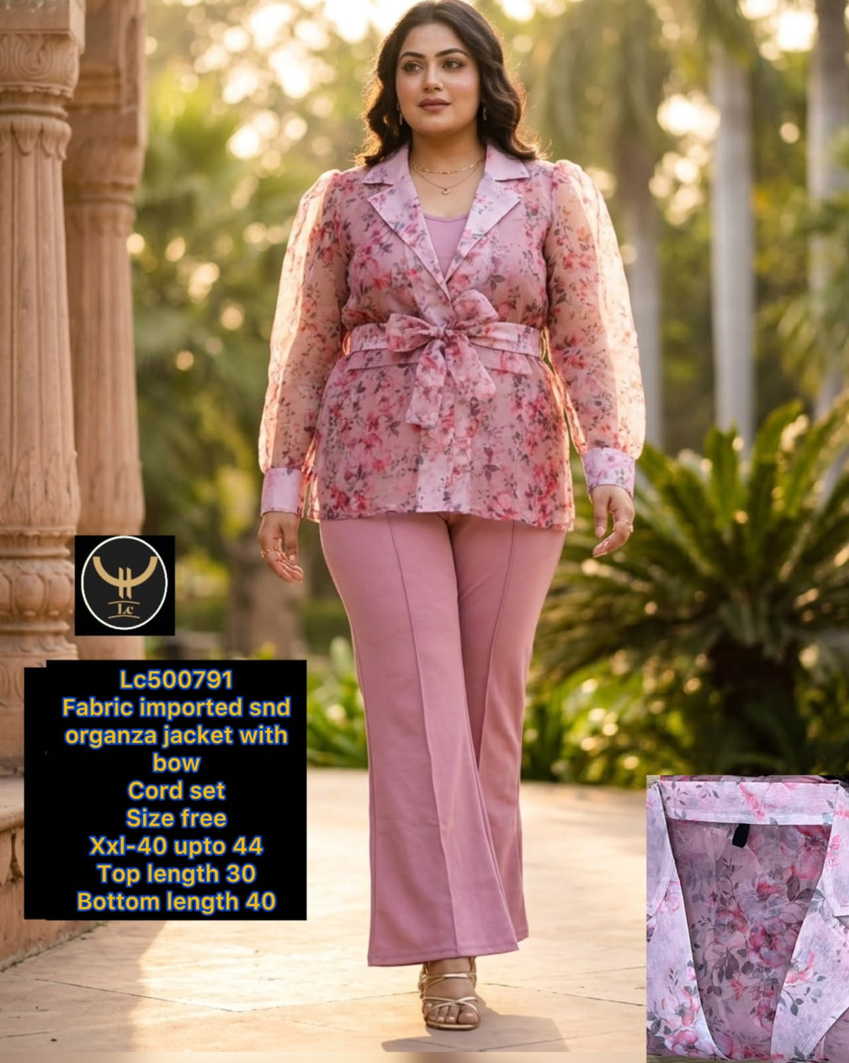 Gorgeous Imported Organza Floral Jacket Co-Ord Set with Bow Accent 
