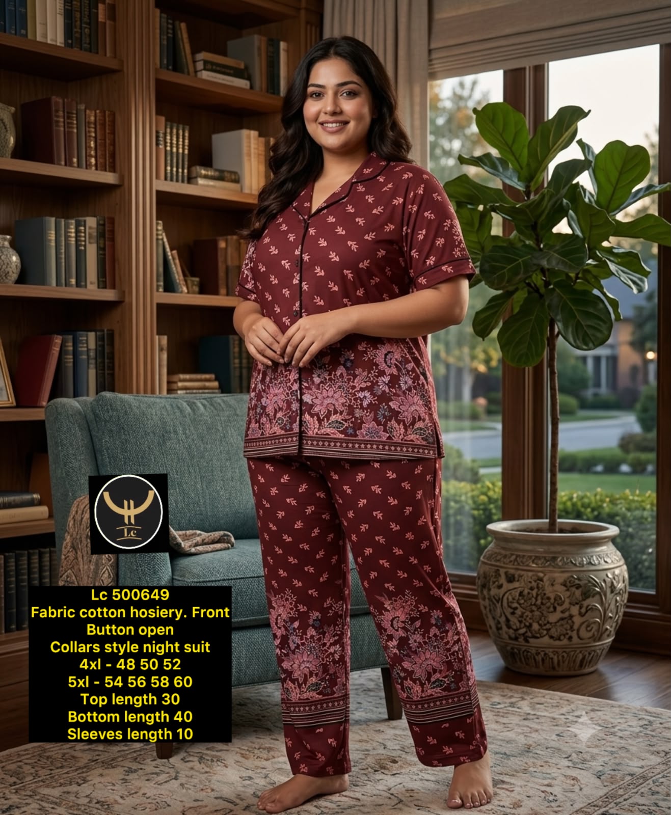 Women's Plus Size Printed Collar Button-Front Night Suit Set