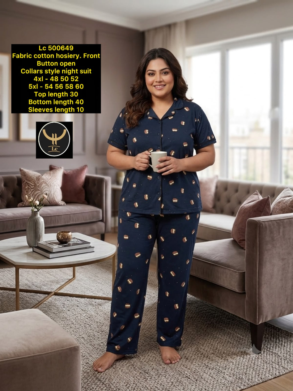 Women's Plus Size Printed Collar Button-Front Night Suit Set