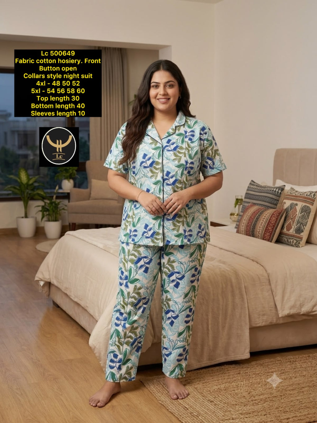 Women's Plus Size Printed Collar Button-Front Night Suit Set