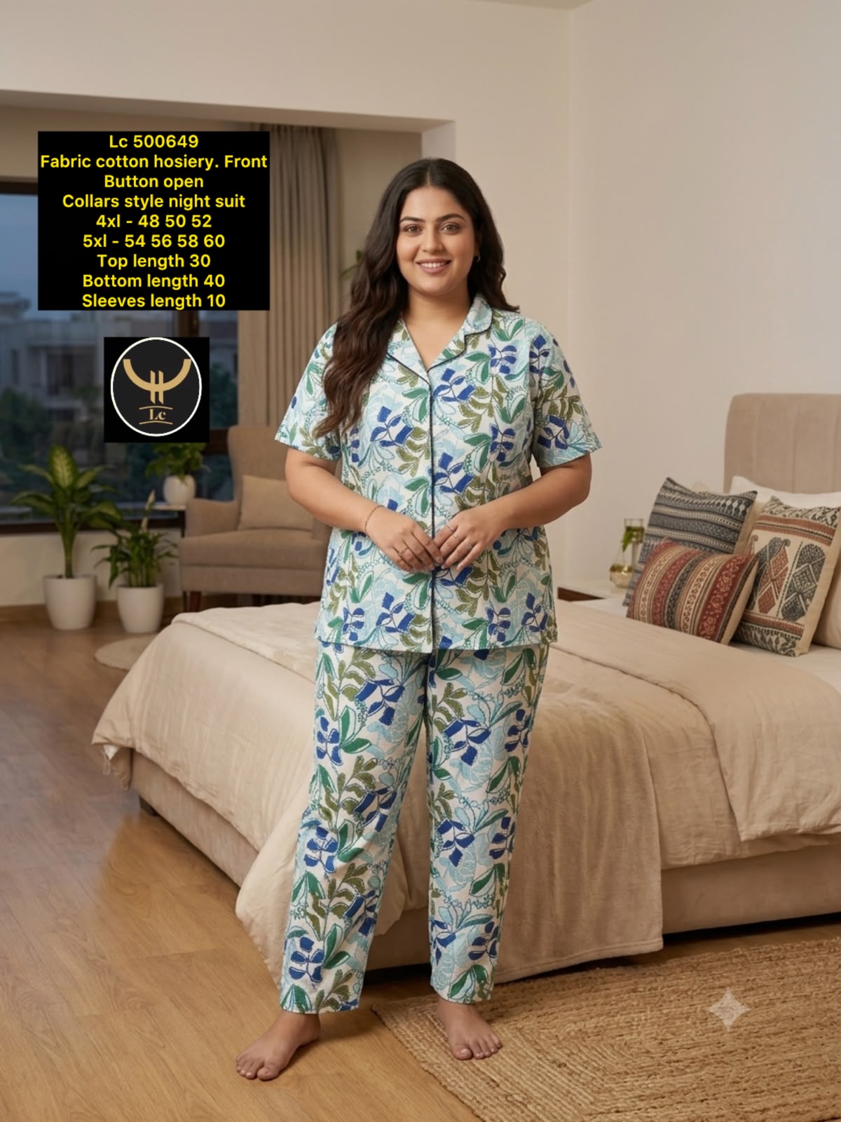 Women's Plus Size Printed Collar Button-Front Night Suit Set