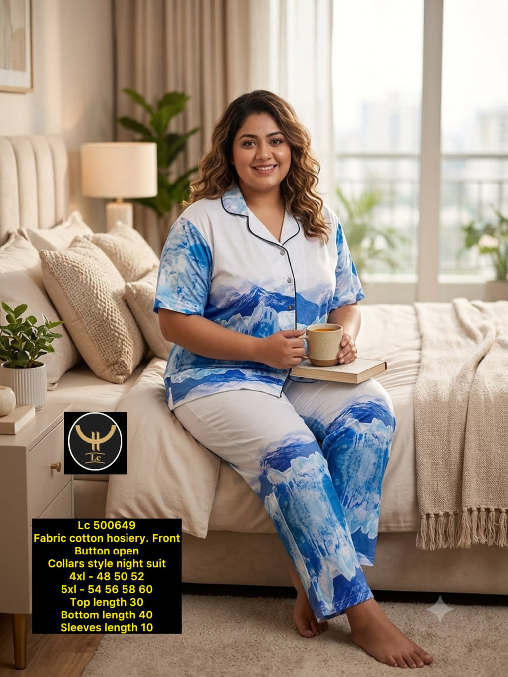 Women's Plus Size Printed Collar Button-Front Night Suit Set