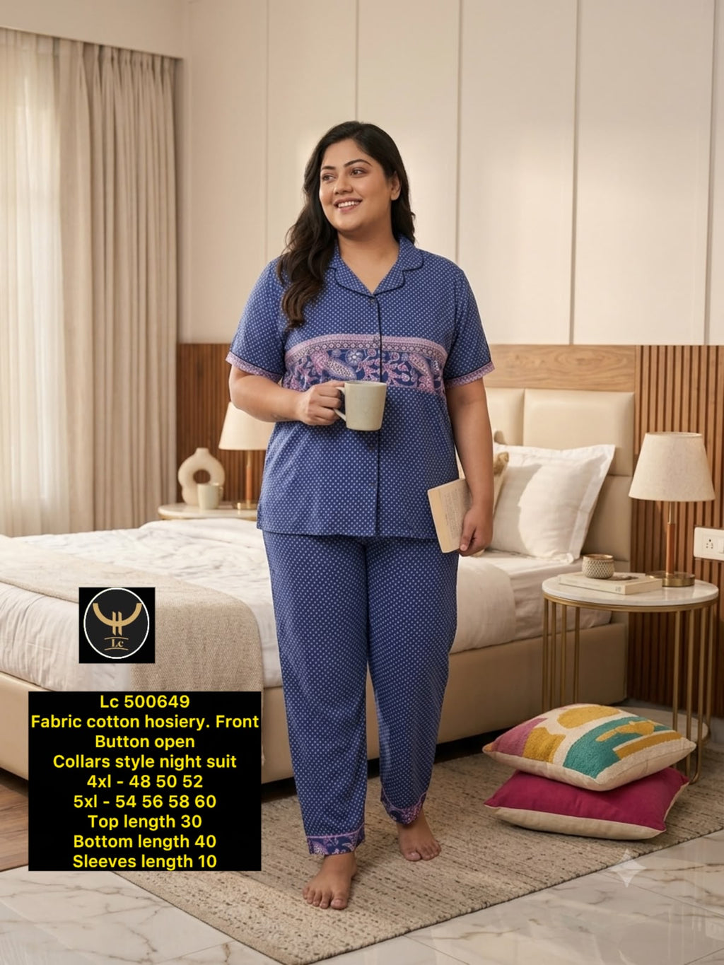 Women's Plus Size Printed Collar Button-Front Night Suit Set