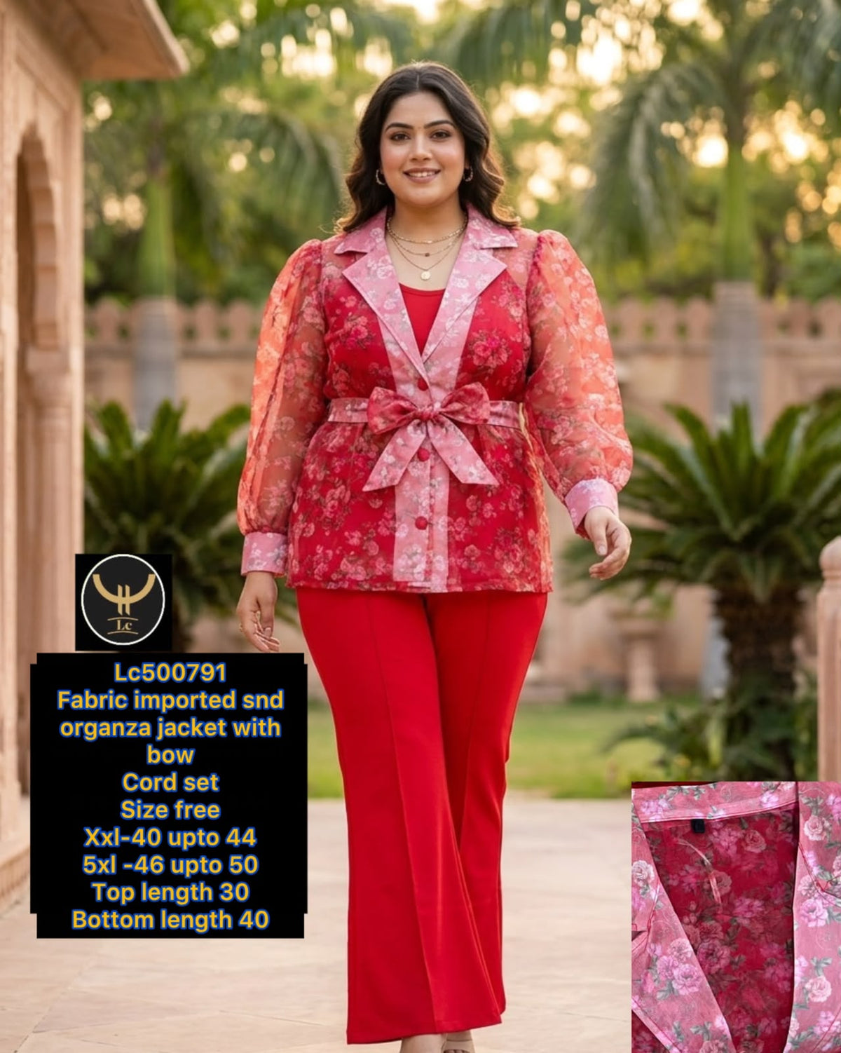 Gorgeous Imported Organza Floral Jacket Co-Ord Set with Bow Accent 