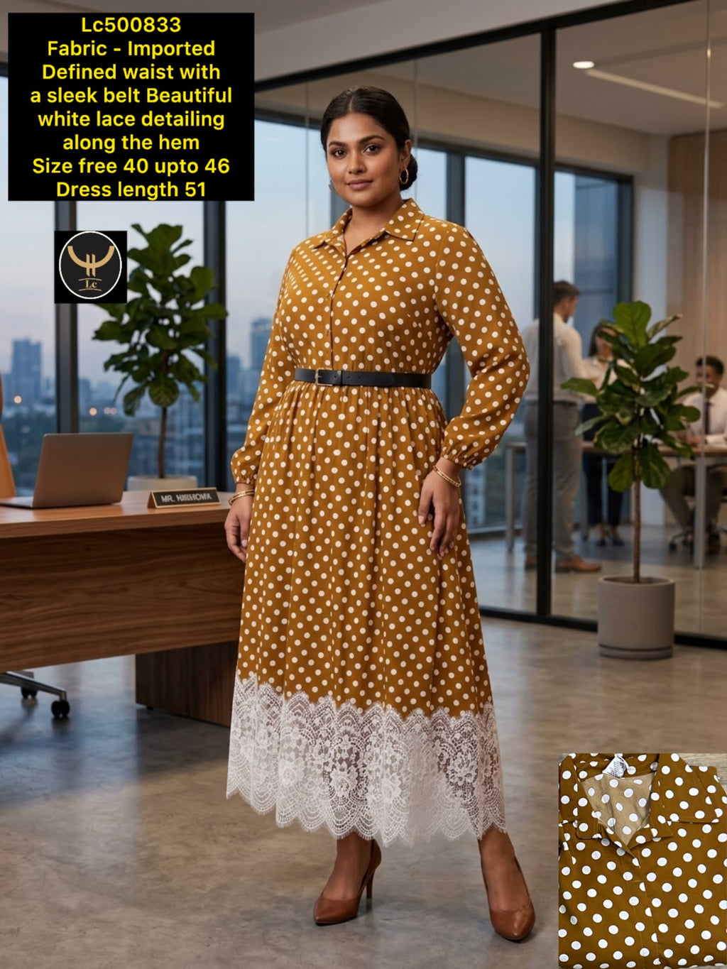 Polka Dot Lace-Detail Midi Dress